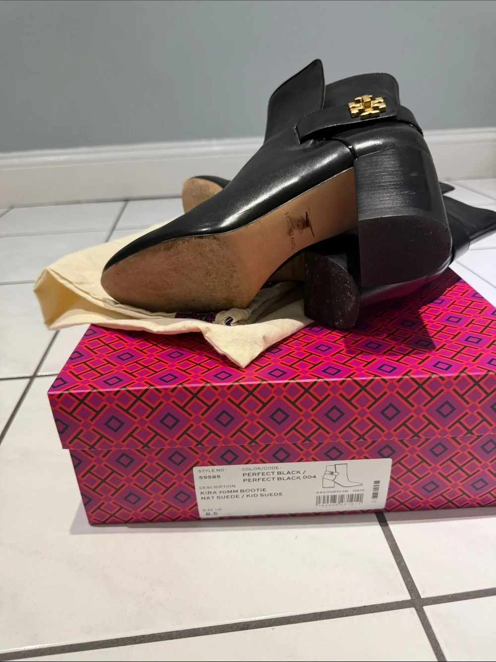 Tory Burch Black Leather Mid-Calf Heeled Boots with Logo Accent